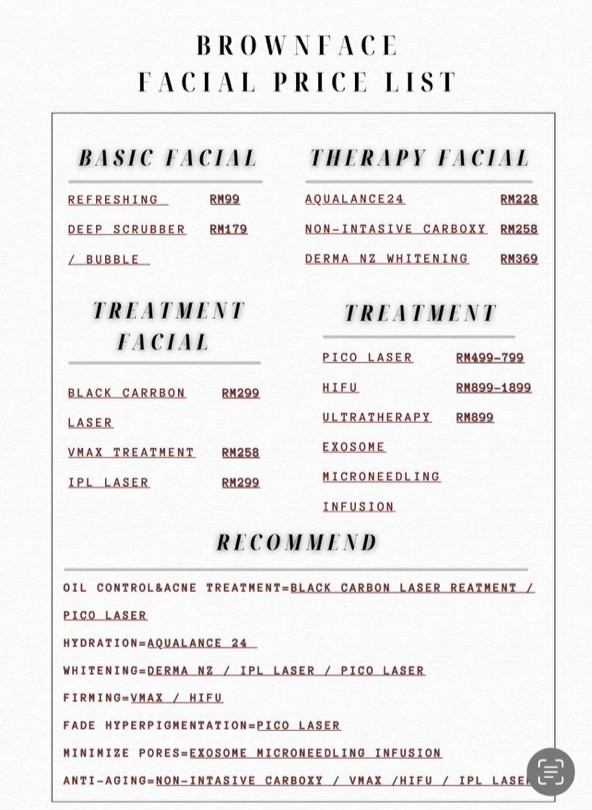 Brow N Face Price List for Facial and Beauty Services